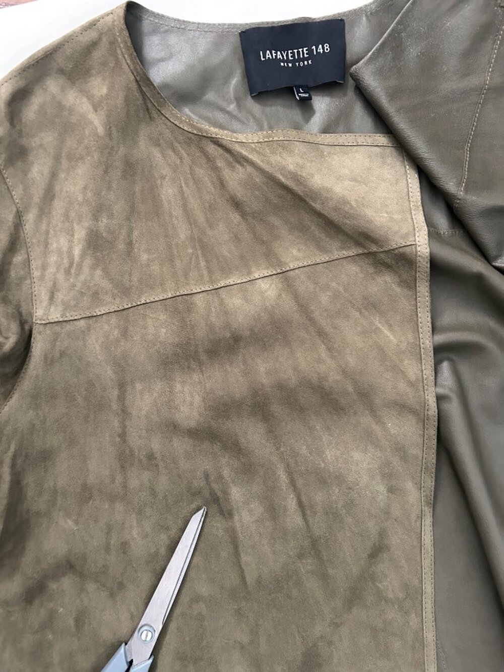 Lafayette 148 New York Olive Suede Leather Open Front Jacket Size L Luxury Drape - Picture 8 of 10